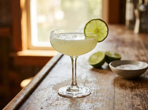 Margarita classique en coupette avec demi-croûte de sel et roue de citron vert