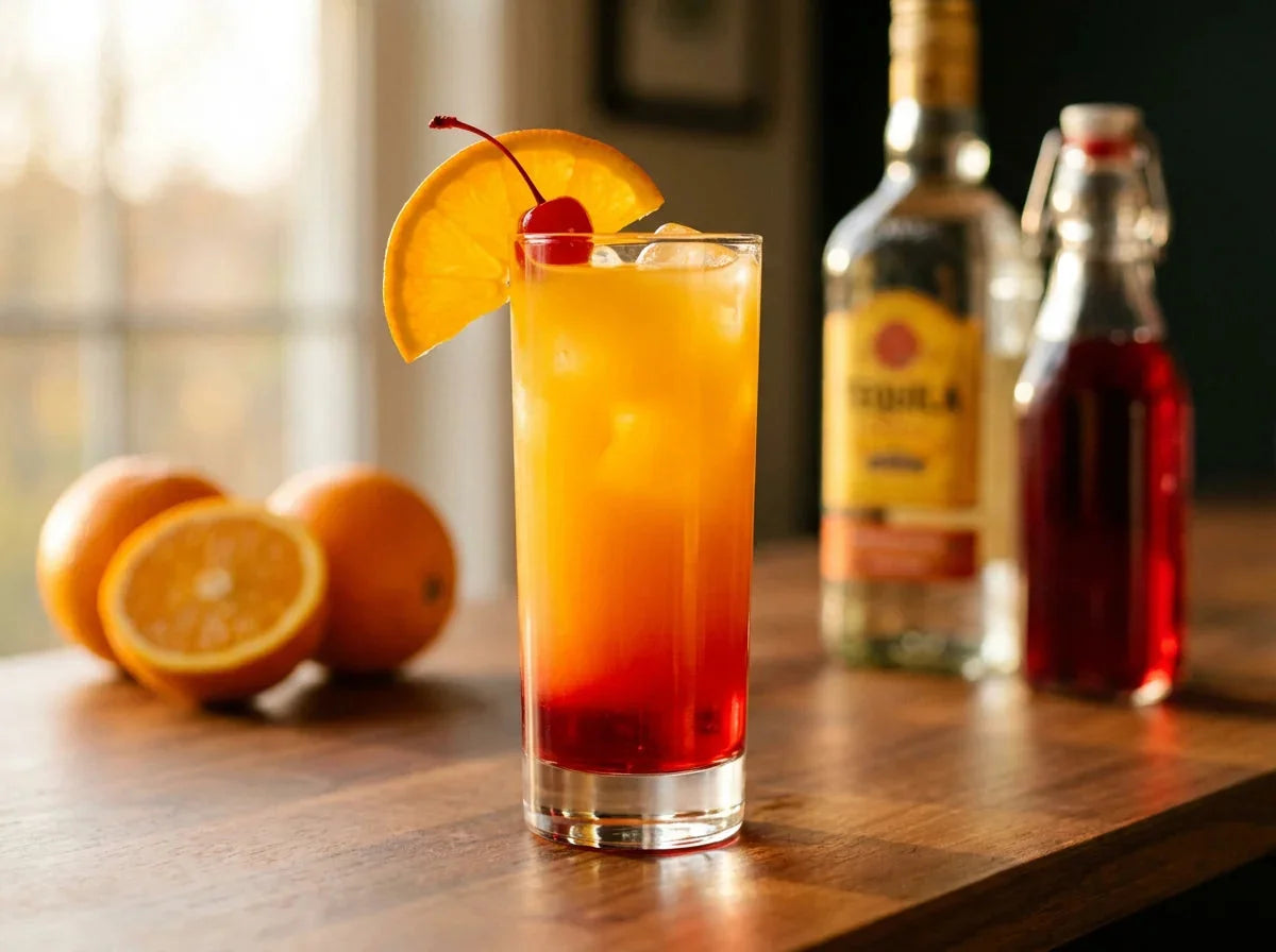 Tequila sunrise en verre highball sur glace avec dégradé orange et grenadine, tranche d'orange et cerise
