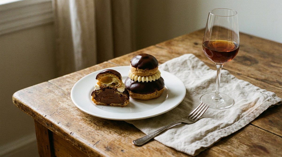 Deux religieuses au chocolat, choux glacés au fondant chocolat avec collerette de crème au beurre, une coupée montrant la crème pâtissière au chocolat, table de bois, verre de vin liquoreux