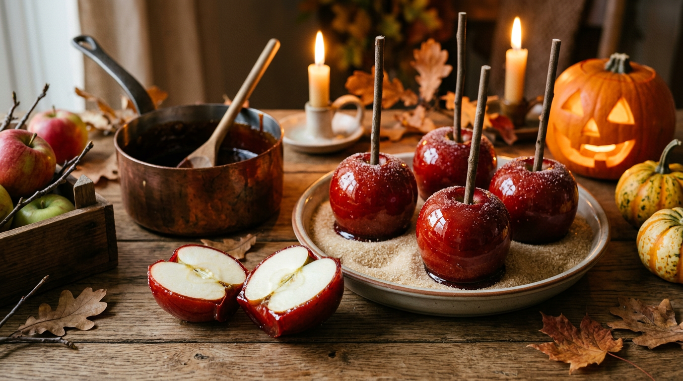 Pommes d'amour à la coque de caramel rouge lisse et brillante sur leur bâtonnet, une pomme coupée en deux, dans une ambiance d'Halloween : casserole en cuivre, feuilles mortes, courges et lanterne allumée