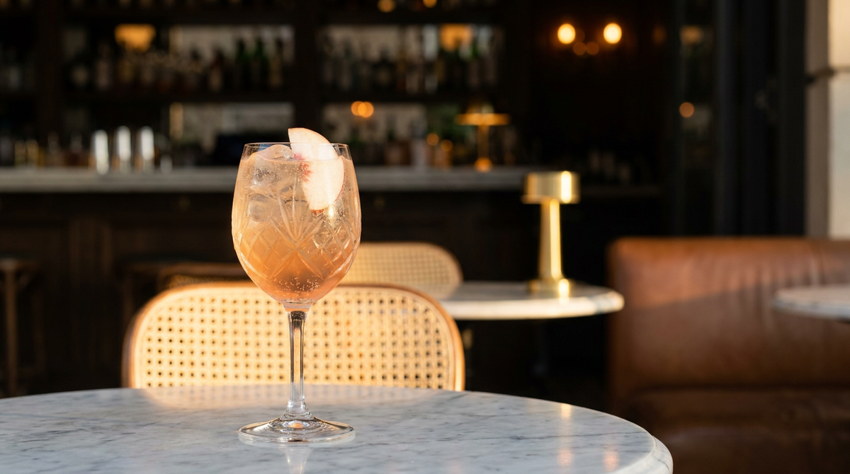 Spritz à la pêche rose orangé dans un grand verre à pied sur glace, tranche de pêche blanche, table de terrasse en marbre