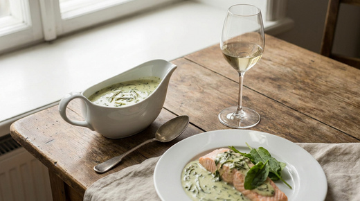 Saucière de sauce à l'oseille, saumon poché nappé, verre de vin blanc, table en bois