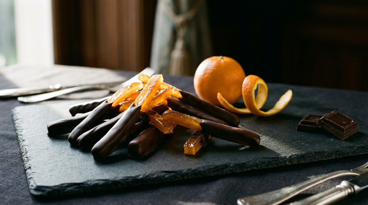Orangettes : bâtonnets d'écorce d'orange confite translucides et ambrés, trempés aux deux tiers dans du chocolat noir brillant