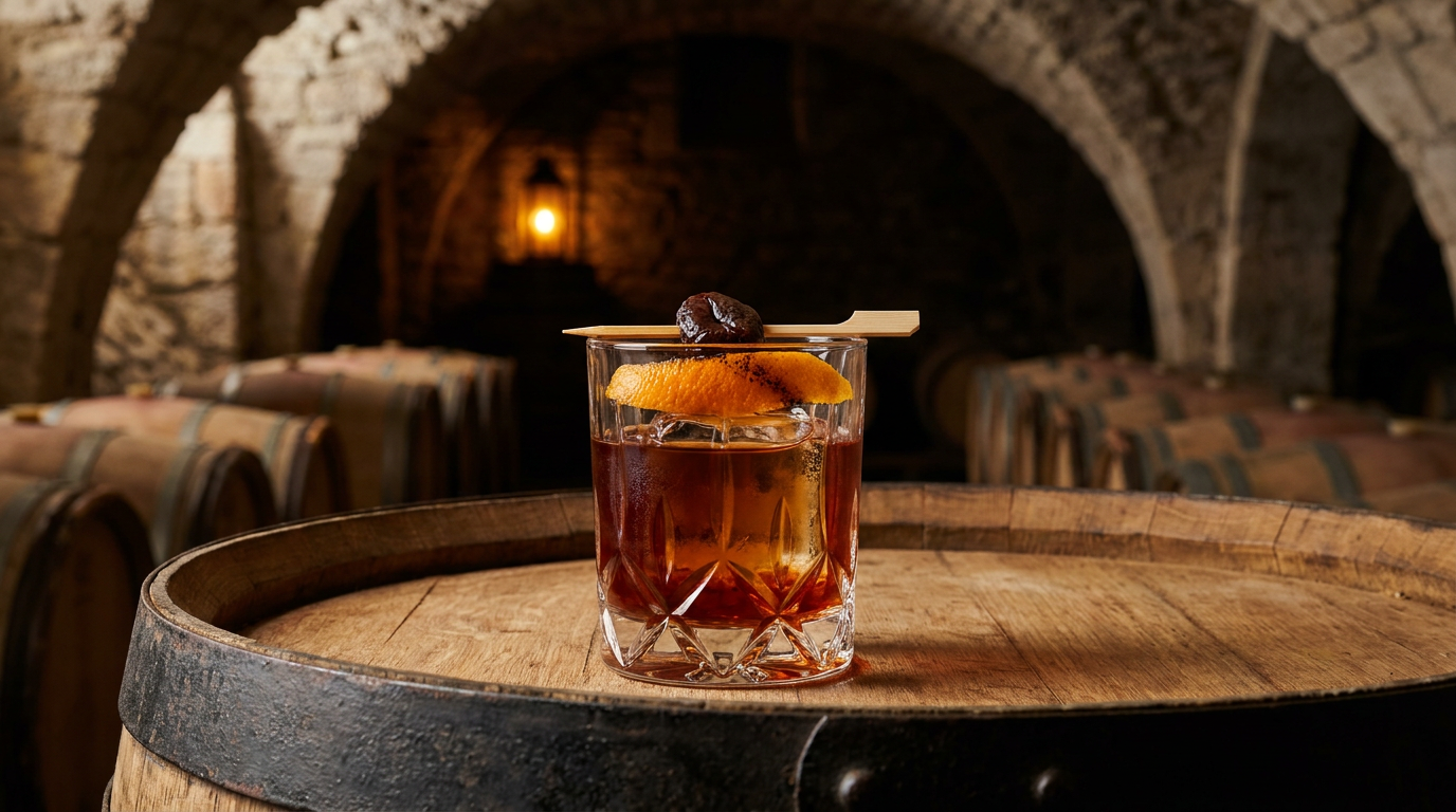 Cocktail à la vieille prune dans un verre bas taillé, gros glaçon, large zeste d'orange brûlé et pruneau sur une pique, posé sur une tête de tonneau dans une cave voûtée