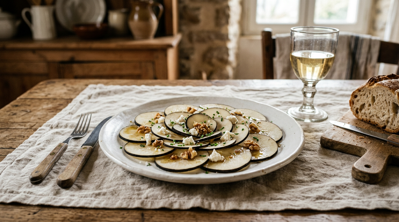 Carpaccio de radis noir en rosace, rondelles blanches cerclées de noir, chèvre frais, noix et ciboulette, dans une assiette de faïence sur une table de ferme