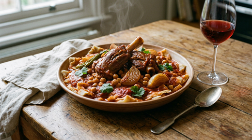 Plat en terre de chakhchoukha algérienne, morceaux de galette de semoule déchirés et imbibés de sauce rouge, souris d'agneau confite, pois chiches, oignons, coriandre, cuillère à plat, verre de vin rouge clair, table en bois
