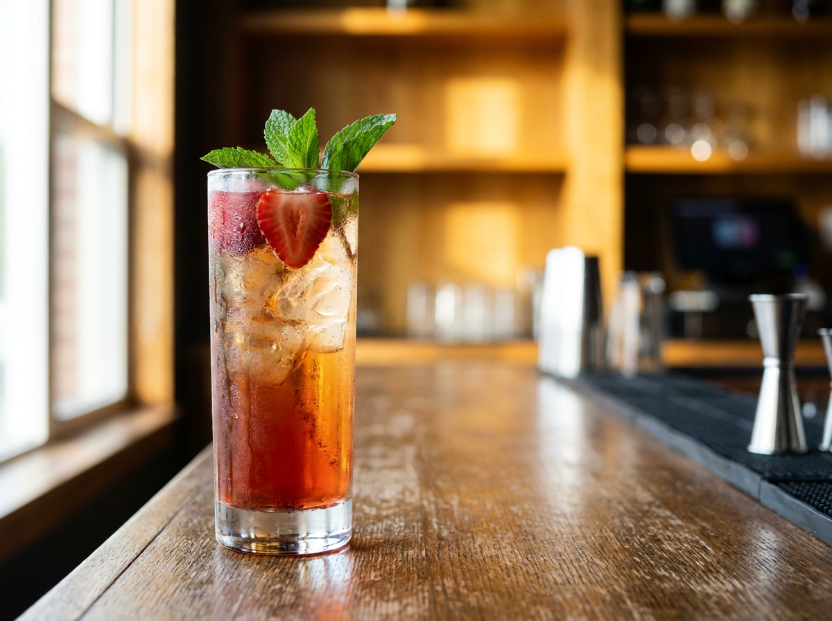 Kentucky Buck : verre haut rempli de glace, cocktail rouge-doré au bourbon et à la fraise, menthe