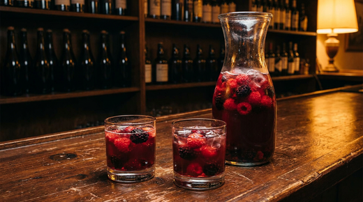 Grande carafe de verre remplie d'un punch rouge profond avec framboises et mûres en suspension, deux verres bas remplis devant, comptoir de bois ciré sombre
