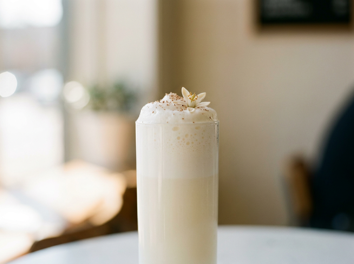 Ramos Gin Fizz à la mousse blanche aérienne dans un verre haut, lumière naturelle