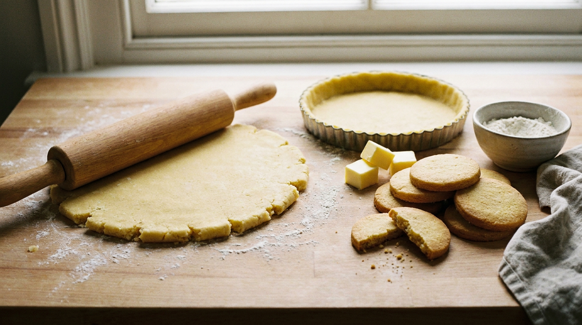 Pâte sablée crue étalée au rouleau, moule à tarte foncé et sablés cuits dorés, dés de beurre et bol de farine, plan de travail en bois