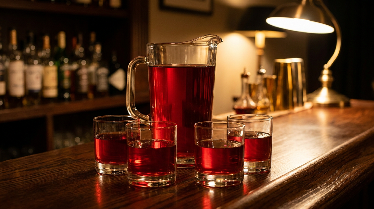 Grand pichet de verre rempli d'un cocktail rouge translucide, quatre verres bas remplis devant lui, comptoir de bois ciré sombre, lumière chaude et basse de soirée