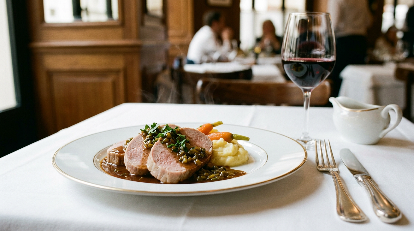 Tranches de langue de bœuf braisée napées d'une sauce piquante brune aux cornichons et câpres, avec écrasée de pommes de terre et carottes glacées, dans une assiette à liséré doré