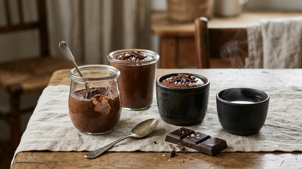 Mousse au chocolat noir à l'aquafaba, aérienne, dans des pots en verre et une tasse en grès, une cuillère a creusé la mousse montrant les bulles fines, copeaux de chocolat et fleur de sel, tablette cassée, cuillère à plat, tasse de thé noir