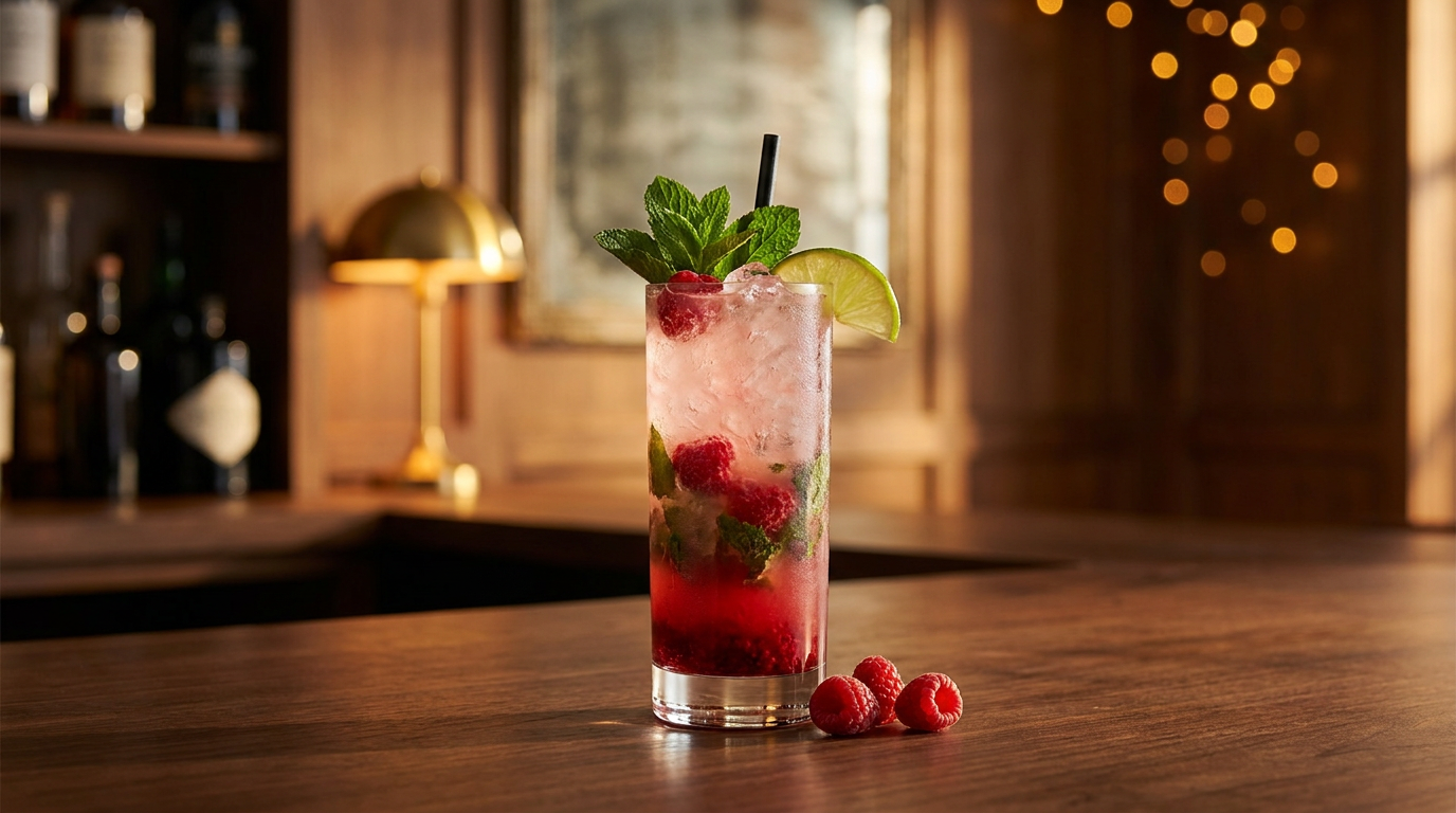 Mojito framboise sans alcool en verre haut, framboises et menthe fraîche, sur un comptoir de noyer