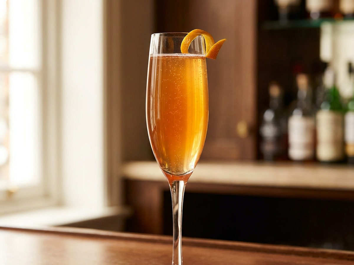 Pousse-Rapière dans une flûte : cocktail doré et pétillant à l'armagnac et au crémant, zeste d'orange