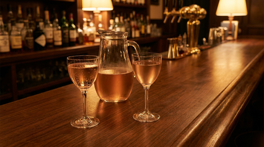 Deux verres identiques remplis d'un cocktail rose pâle, l'un avec des bulles fines, l'autre sans, pichet de verre derrière, comptoir de bois ciré sombre, lumière chaude douce