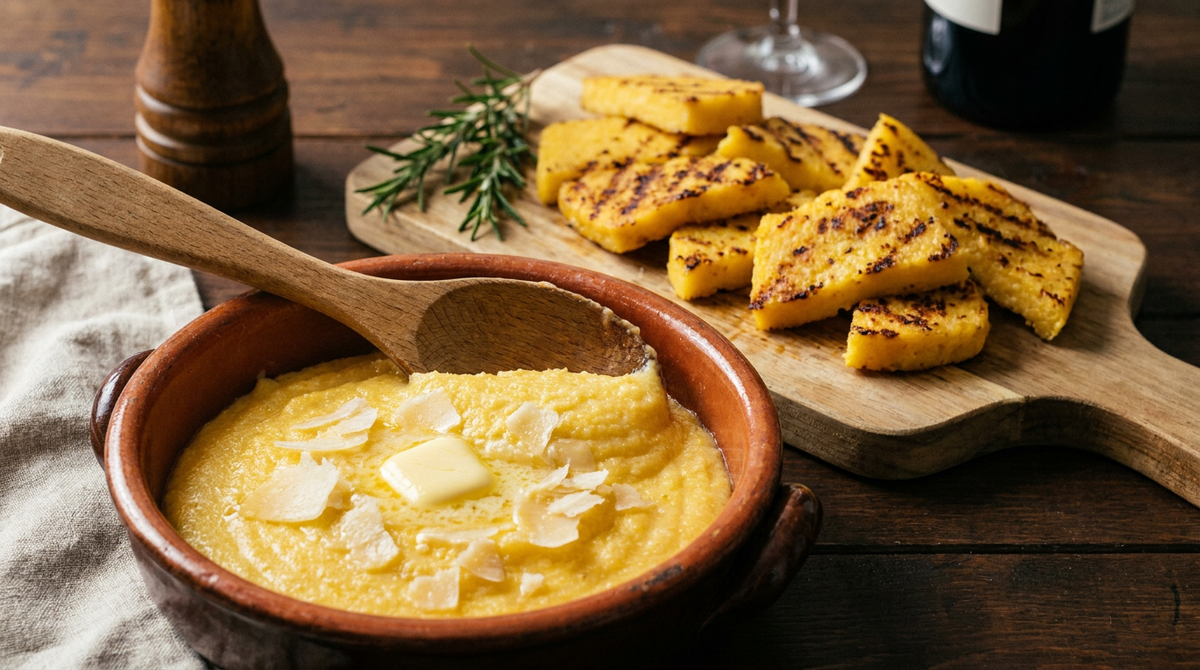 Polenta crémeuse au beurre et parmesan dans un plat en terre cuite, et tranches de polenta grillées aux arêtes brunies sur une planche