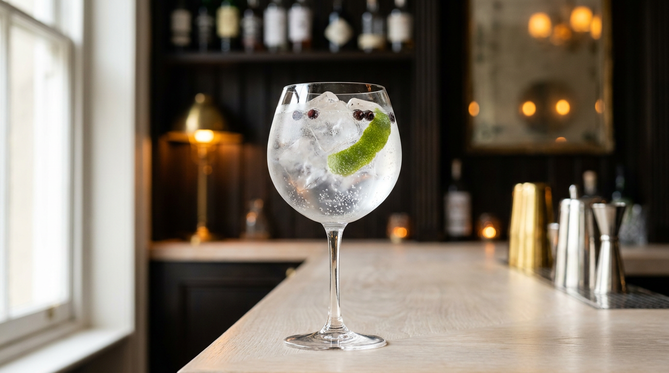 Virgin gin tonic en verre copa, glace, zeste de citron vert et baies de genièvre, sur un comptoir de chêne clair