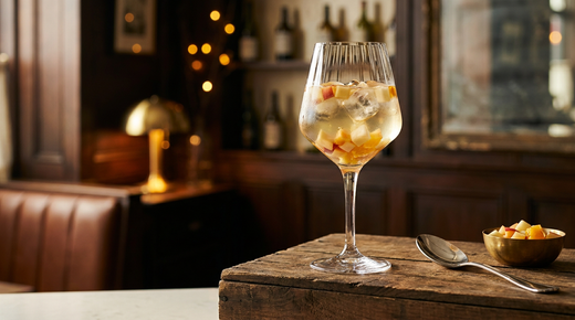 Clerico argentin dans un pichet de verre, morceaux de pêche et de raisin, vin blanc, nappe de lin écru