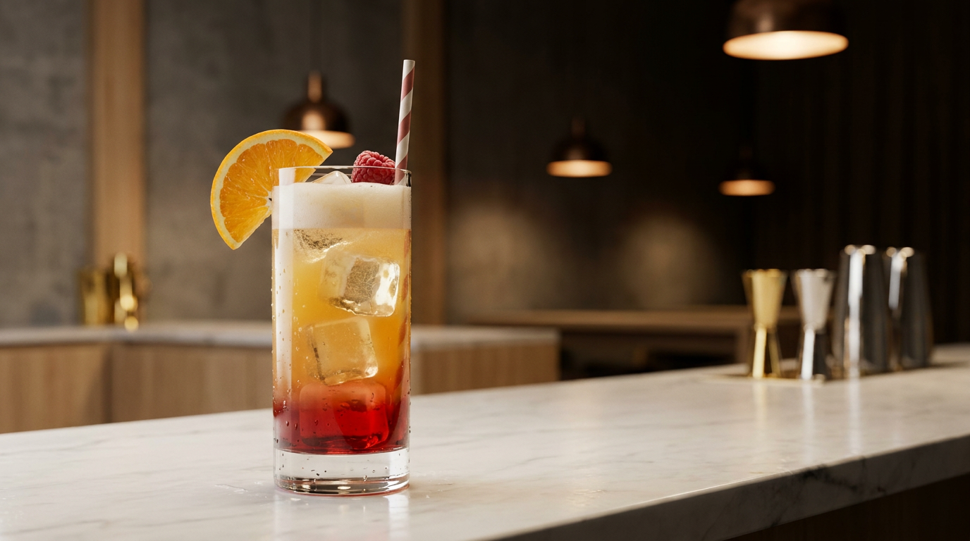 Cocktail sans alcool pour enfants en dégradé rouge et orange dans un verre haut droit, demi-rondelle d'orange, framboise et paille rayée, sur un comptoir de marbre blanc d'un bar à vins moderne