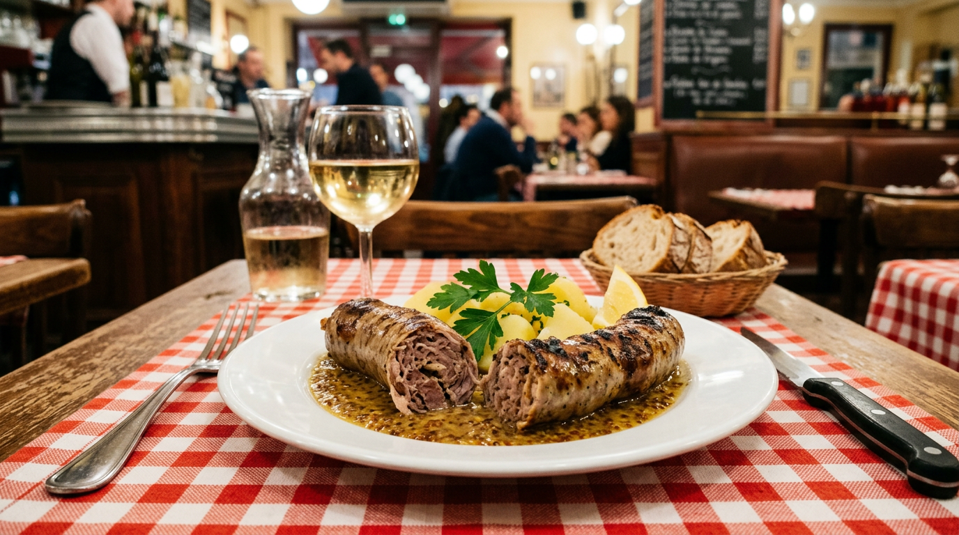 Deux andouillettes grillées artisanales au boyau doré et bosselé, l'une tranchée laissant voir les lanières de chaudin, sauce moutarde et pommes vapeur sur une table de bistrot