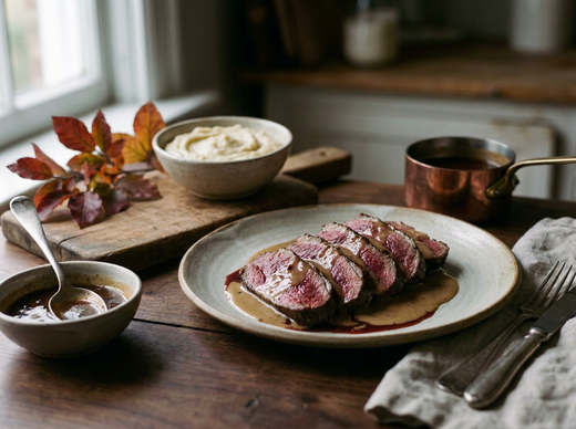 Râble de lièvre tranché rouge à cœur, nappé d'une sauce à la crème liée au sang, purée de céleri et casserole en cuivre