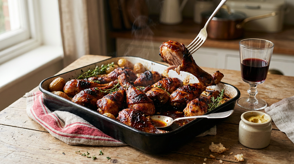 Plat en fonte sorti du four rempli de pilons de poulet laqués au miel, peau brune craquelée, jus caramélisé, thym et grenailles rôties, table de cuisine en bois ancien