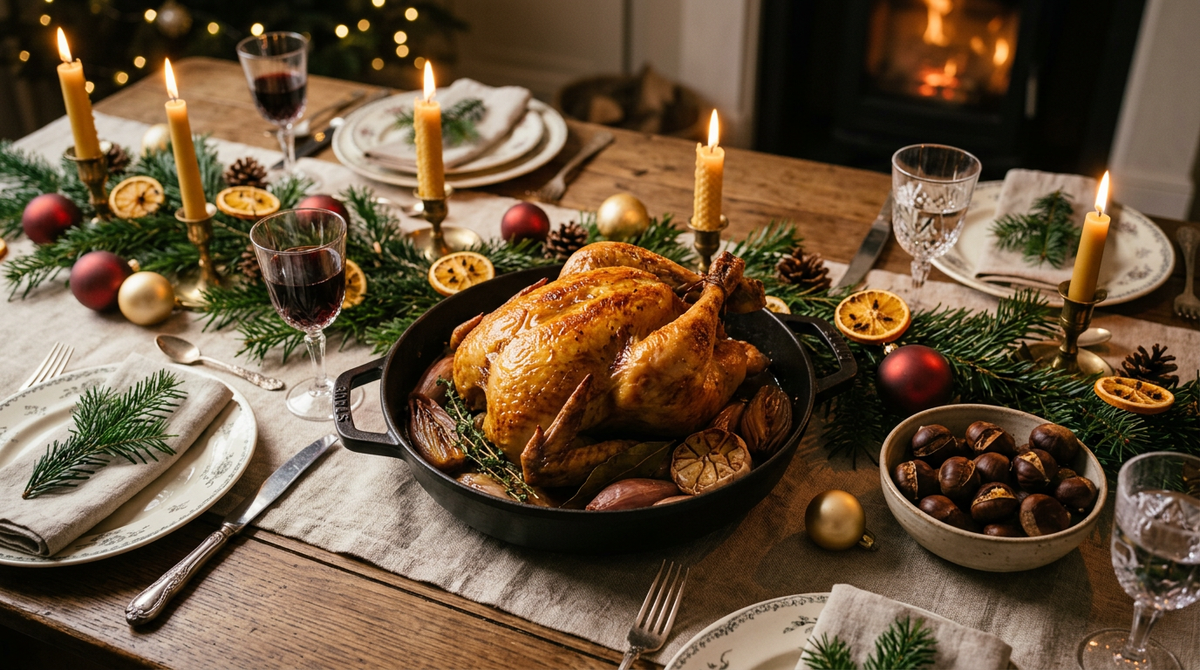 Table de Noël dressée avec un chapon rôti, bougies, guirlande de sapin et châtaignes