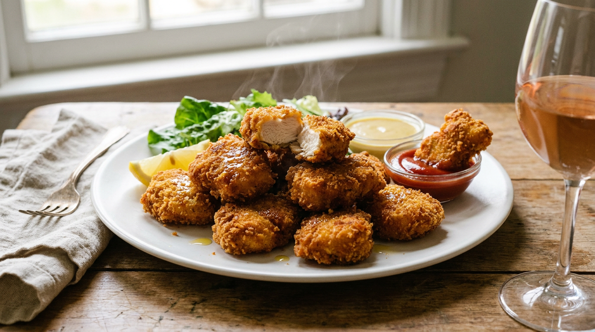 Assiette de nuggets de poulet maison, morceaux irréguliers de blanc de poulet en panure de panko dorée et craquante, un ouvert montrant la chair juteuse, salade, ketchup et sauce moutarde-miel, fourchette à plat, verre de rosé pâle