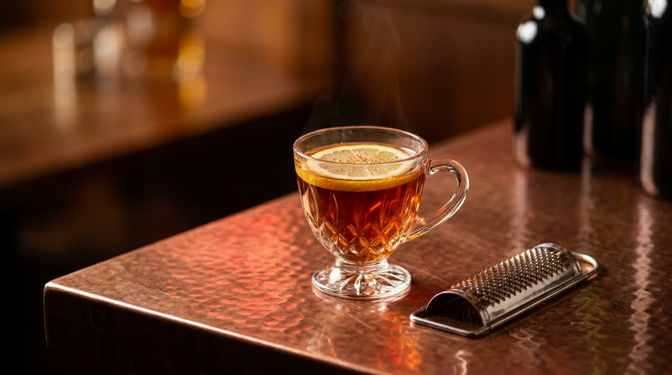 Negus servi chaud dans une tasse à pied en verre sur un comptoir de cuivre martelé