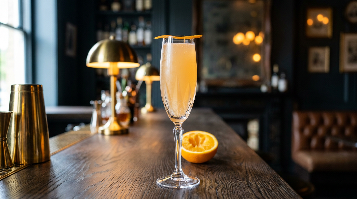 Virgin mimosa en flûte, jus d'orange et bulles, sur un comptoir de chêne fumé