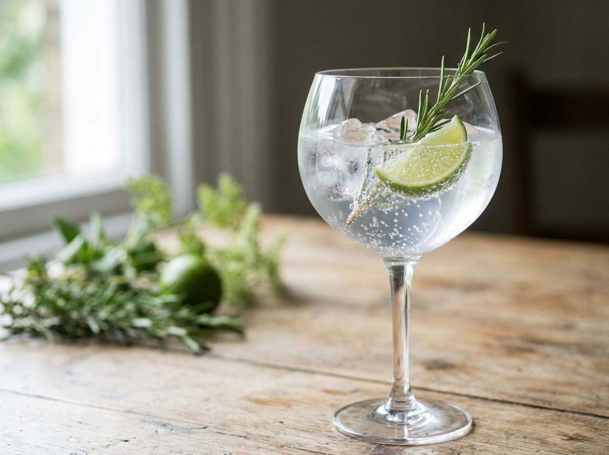 Gin Tonic, cocktail pétillant au gin servi en verre ballon sur glace avec citron vert et romarin