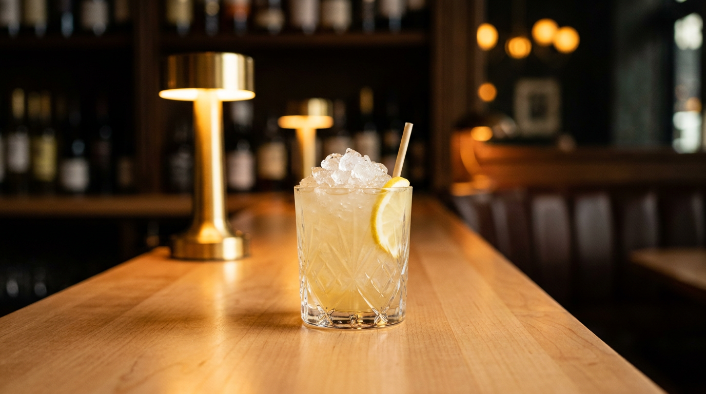 Gin Fix doré pâle sur glace pilée, tranche de citron et paille, comptoir de bois de charme clair