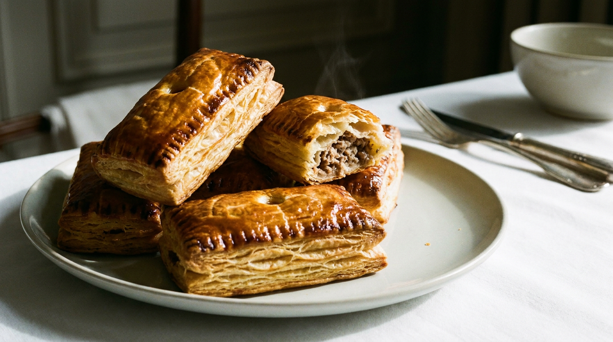 Friands à la viande dorés et brillants, feuilletage bien levé aux couches visibles sur les côtés, l'un ouvert montrant la farce
