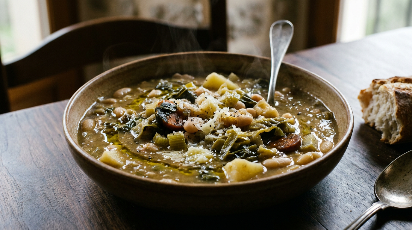 Soupe corse épaisse aux haricots, chou et pommes de terre, huile d'olive en surface, pain de campagne