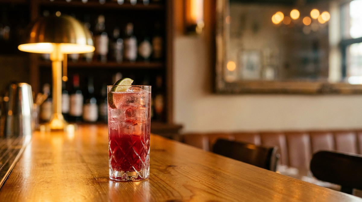 Transfusion sans alcool dans un grand verre, quartier de citron vert, comptoir de pin miel