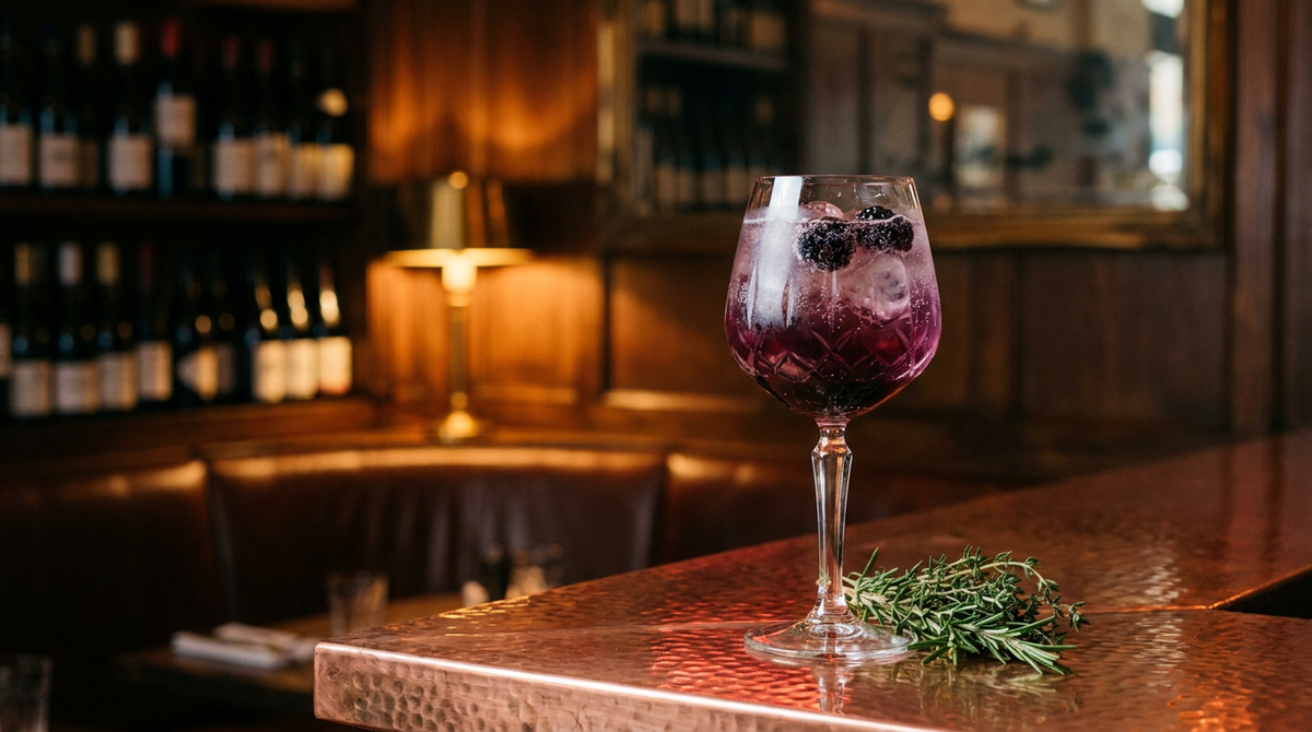 Spritz à la mûre violet foncé dans un grand verre à pied sur glace, mûres entières, comptoir de cuivre martelé