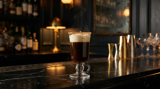 Spanish Coffee dans un verre à anse, café noir et col de crème, bord caramélisé, comptoir de marbre noir