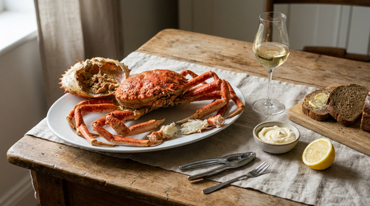 Araignée de mer entière cuite au court-bouillon, carapace orange, le dessus soulevé montrant la chair brune et le corail, pattes cassées, bol de mayonnaise, citron, pince et fourchette à plat, pain de seigle beurré, verre de vin blanc