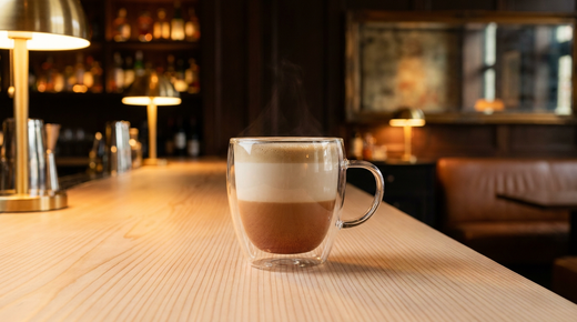 Hojicha latte brun-roux et lait moussé dans un mug de verre, vapeur légère, comptoir de cèdre