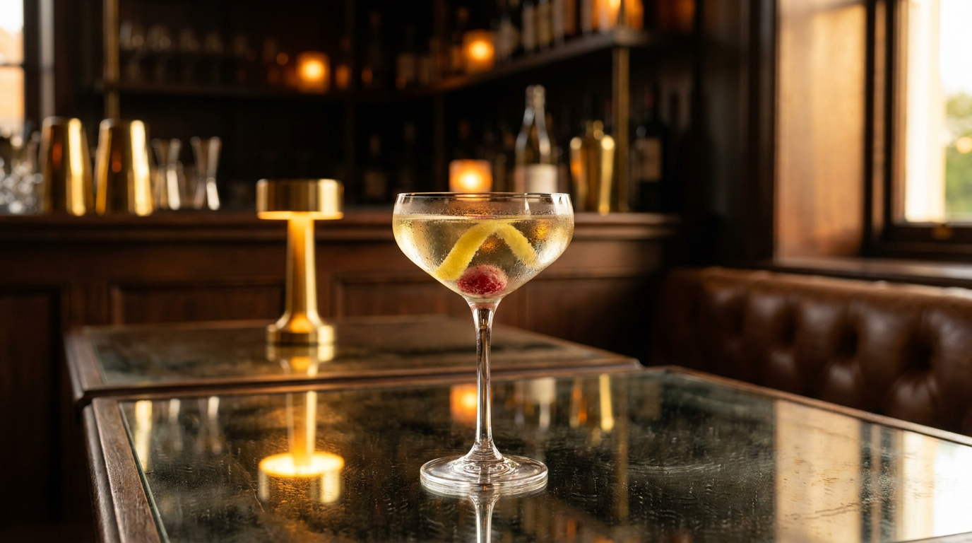 Champagne cup dans une coupe, zeste de citron et framboise, plateau de miroir ancien