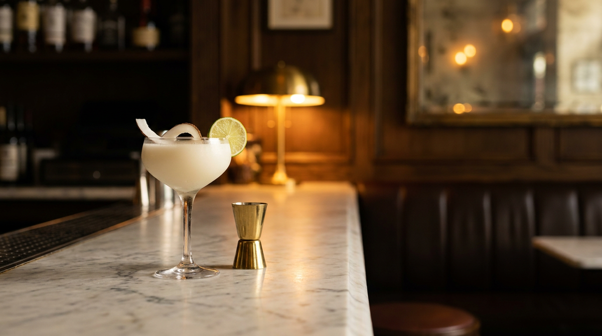 Daiquiri coco blanc opaque dans une coupe givrée, copeau de noix de coco et rondelle de citron vert, comptoir en marbre