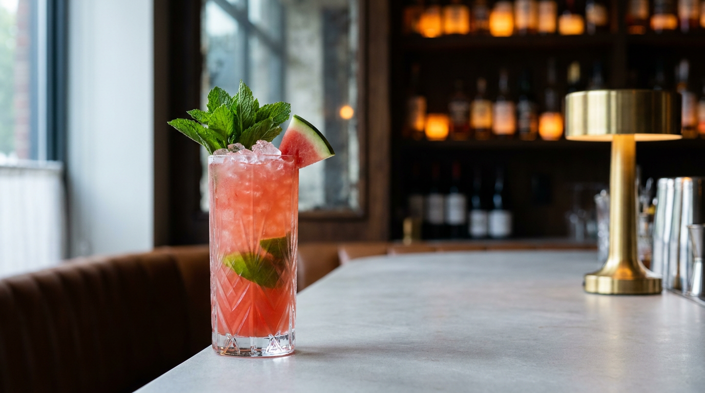 Mojito pastèque rose vif dans un verre haut sur glace pilée, gros bouquet de menthe, triangle de pastèque sur le bord