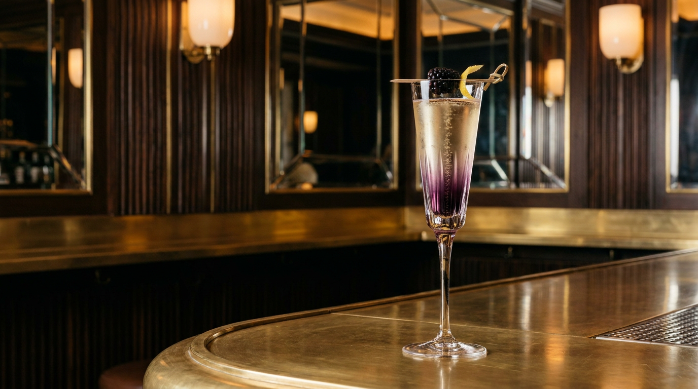 Flûte de crémant aux fruits noirs en dégradé pourpre et doré, mûre sur une pique et zeste de citron, sur un comptoir de laiton poli dans un bar Art déco