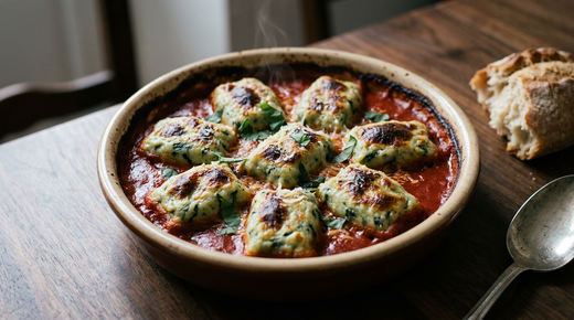 Storzapreti corses gratinés dans un plat en terre, boulettes ovales dorées baignant dans une sauce tomate