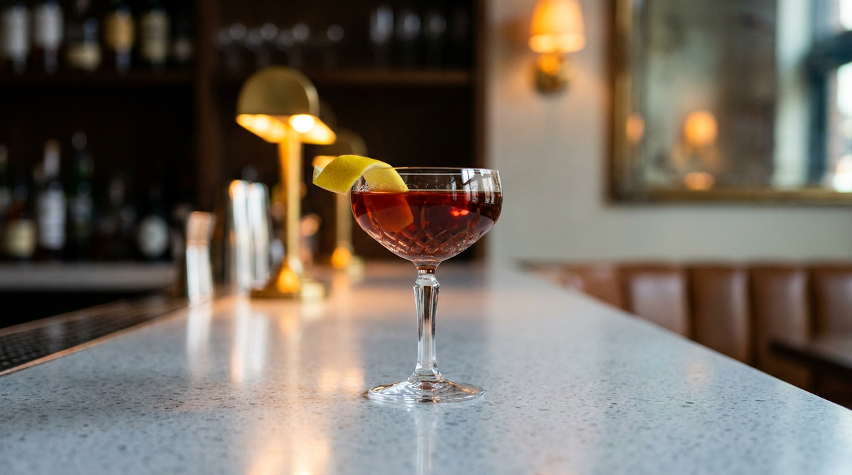 New Yorker rouge ambré en coupe de cristal, zeste de citron, comptoir de terrazzo gris perle