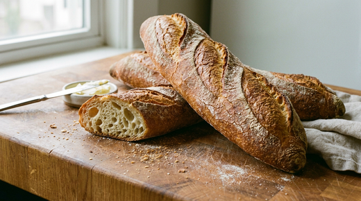 Trois baguettes maison à la croûte dorée et craquelée, grignes ouvertes, légèrement farinées, l'une coupée en biais montrant une mie crème très alvéolée, beurre salé et couteau à plat, plan de travail en chêne