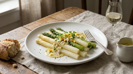 Asperges blanches et vertes refroidies, nappées d'une vinaigrette à la moutarde, échalotes, herbes et œuf dur écrasé sur une assiette blanche, fourchette à plat, pot de vinaigrette, pain, verre de vin blanc pâle, table en bois
