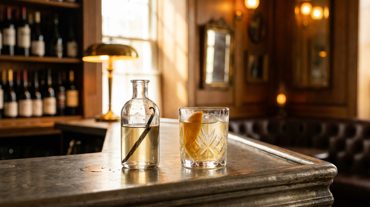 Sirop de vanille maison en flacon avec sa gousse fendue, verre allongé sur glace, comptoir d'étain patiné