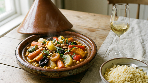 Tajine de légumes en plat de terre, couvercle conique derrière, carottes, courgettes, patate douce, pois chiches, abricots et pruneaux en sauce dorée au safran, amandes, coriandre, bol de semoule, fourchette à plat, verre de vin blanc doré